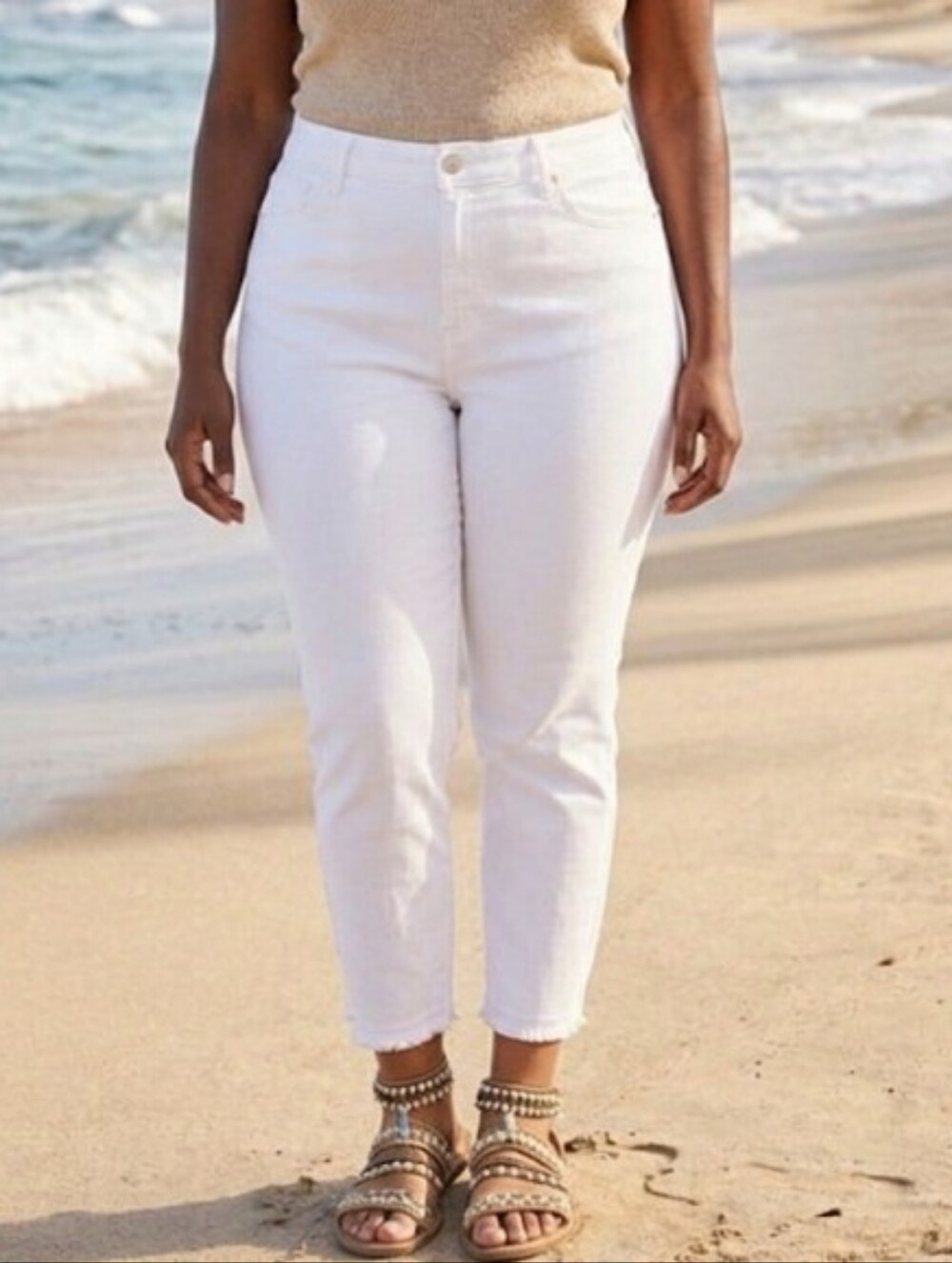 Cropped Slimming Boho 22W Frayed Hem White Stretch Denim Ankle Relaxed Jeans New